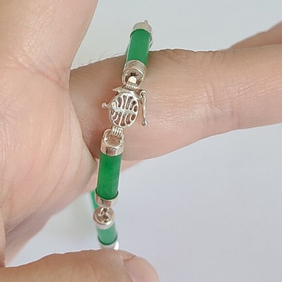 Luxury Boho Dyed Green Jade Tube Link Sterling Silver Chain Bracelet 7.5 inch - Picture 8 of 9
